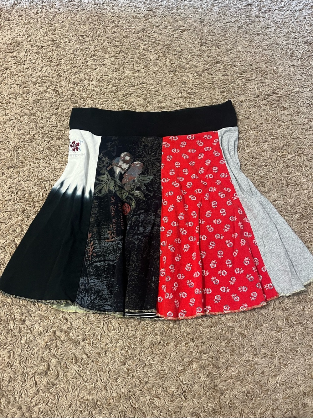 Patchwork Upcycled Multi-Panel Graphic Skirt in Red, Black, Gray